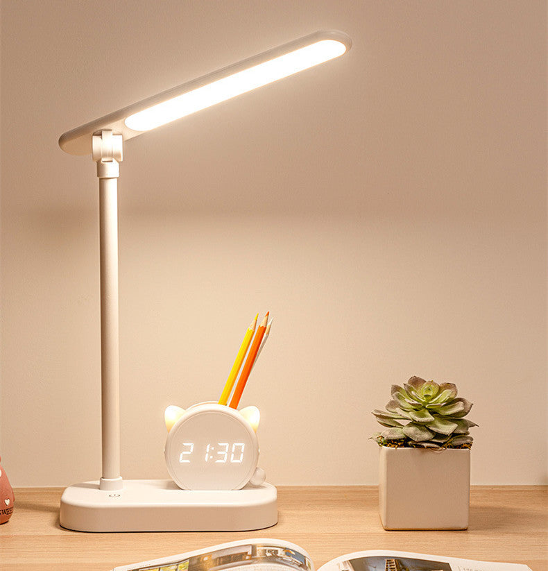 LED Eye Protection Desk Lamp Pen Holder With Clock