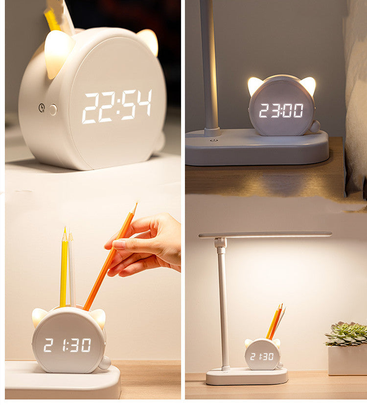 LED Eye Protection Desk Lamp Pen Holder With Clock