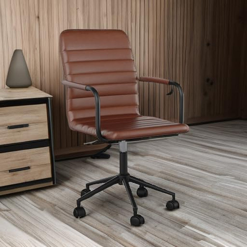 Saddle Brown Faux Leather Swivel Task Chair With Armrests