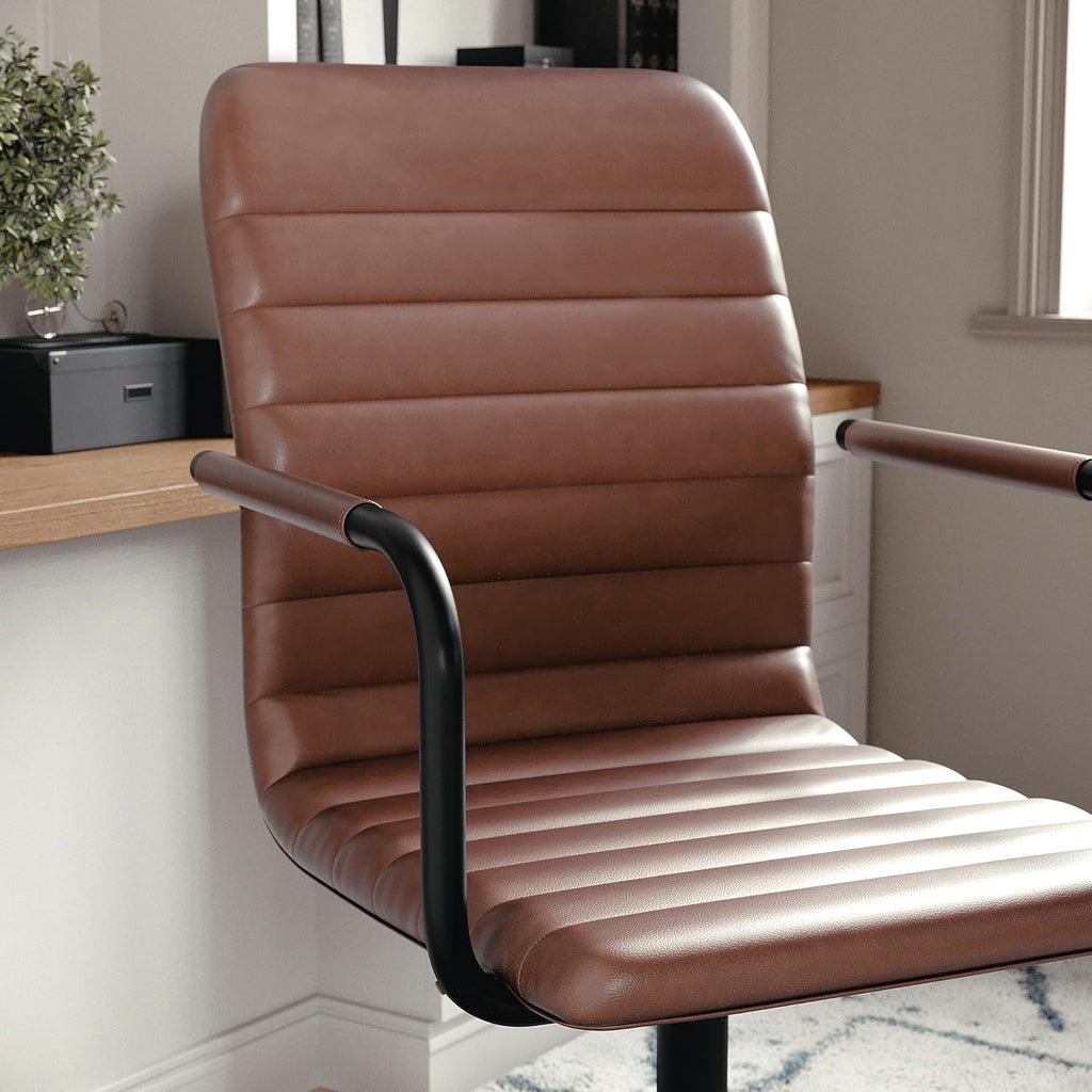 Saddle Brown Faux Leather Swivel Task Chair With Armrests