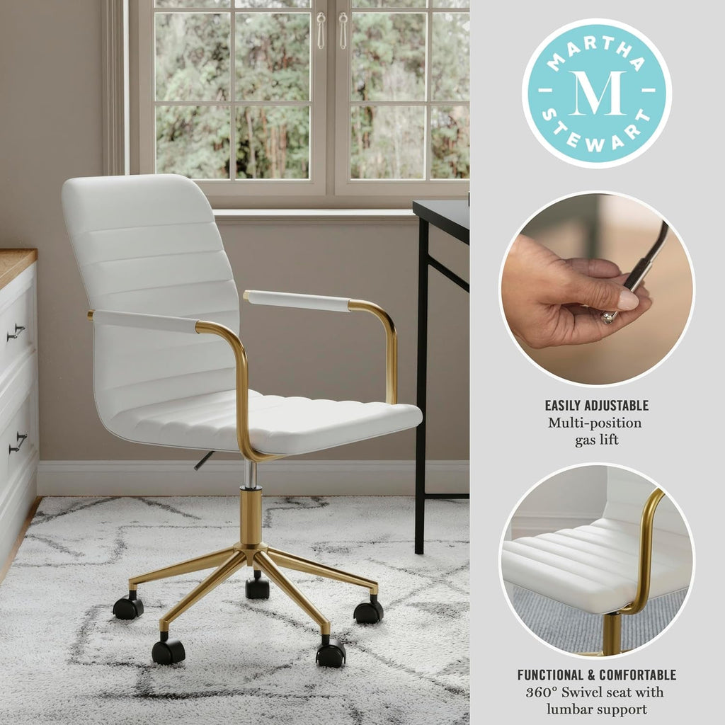 Taytum Swivel Task Chair White Faux Leather Brass Frame
