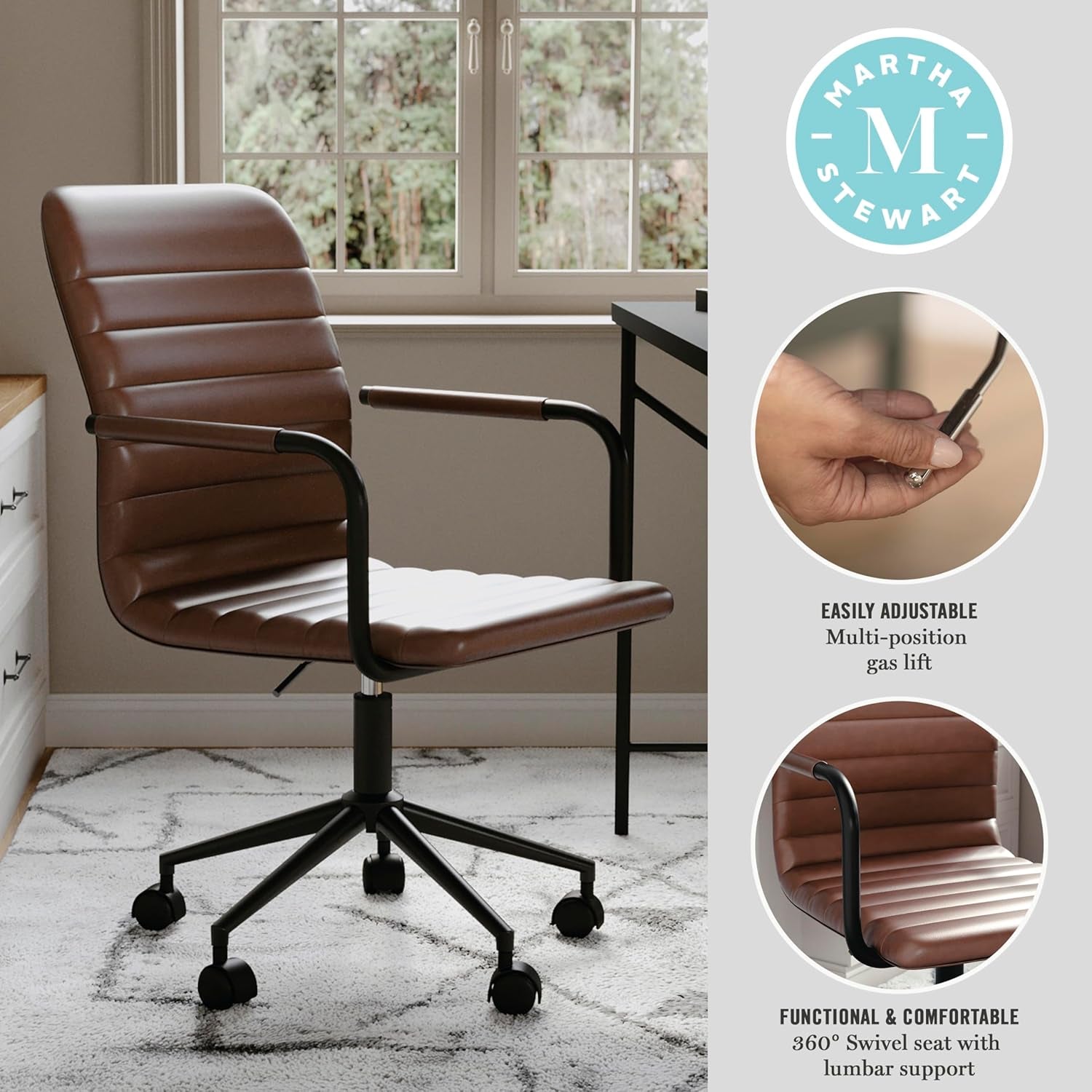 Saddle Brown Faux Leather Swivel Task Chair With Armrests