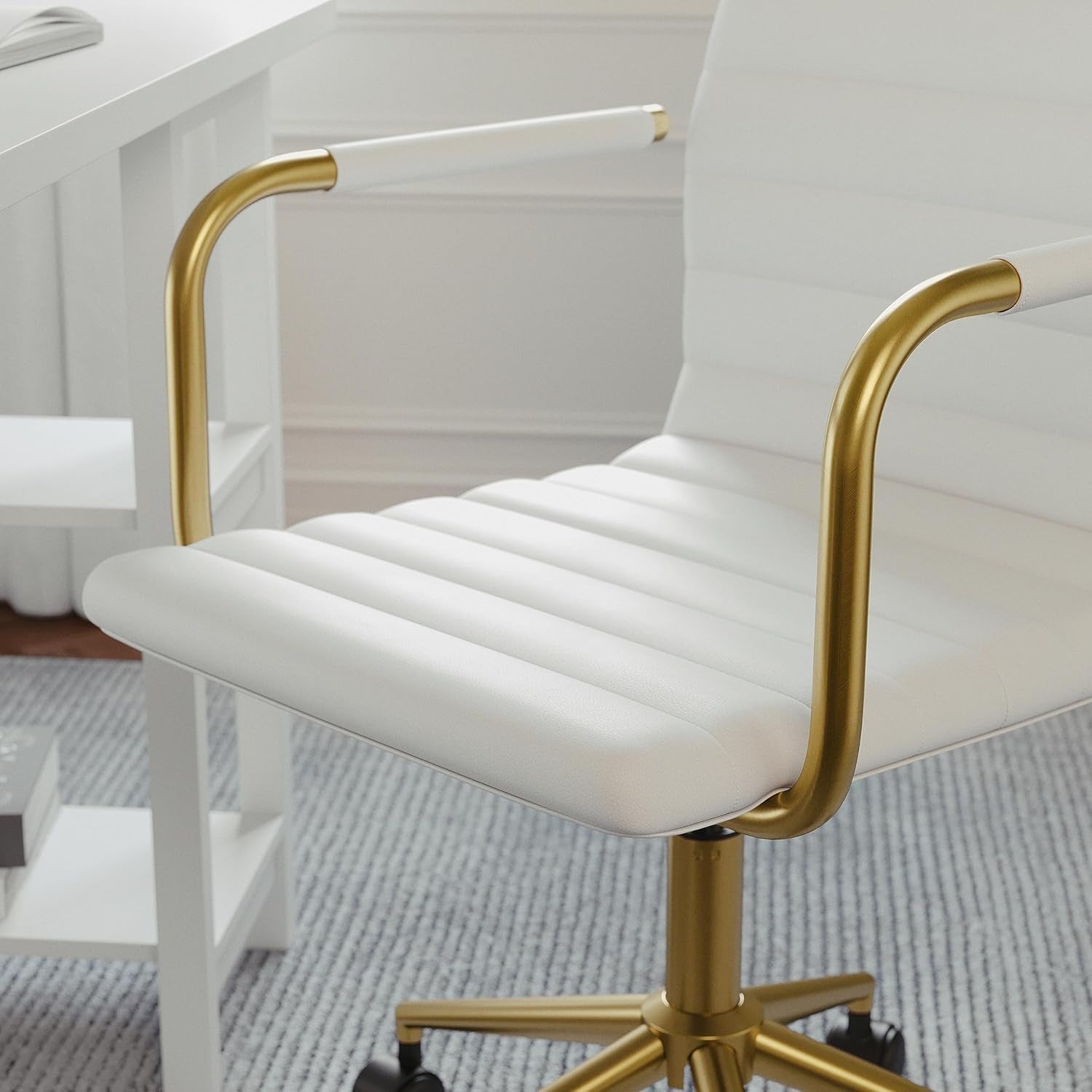 Taytum Swivel Task Chair White Faux Leather Brass Frame