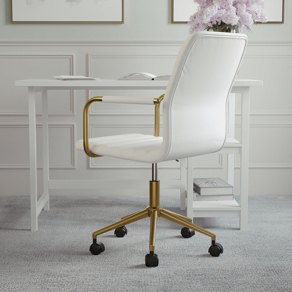 Taytum Swivel Task Chair White Faux Leather Brass Frame